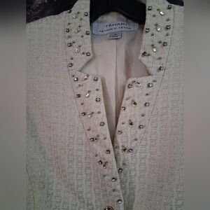 Tahari Textured Cream Jacket And Skirt  With Embelishments On Collar And Buttons